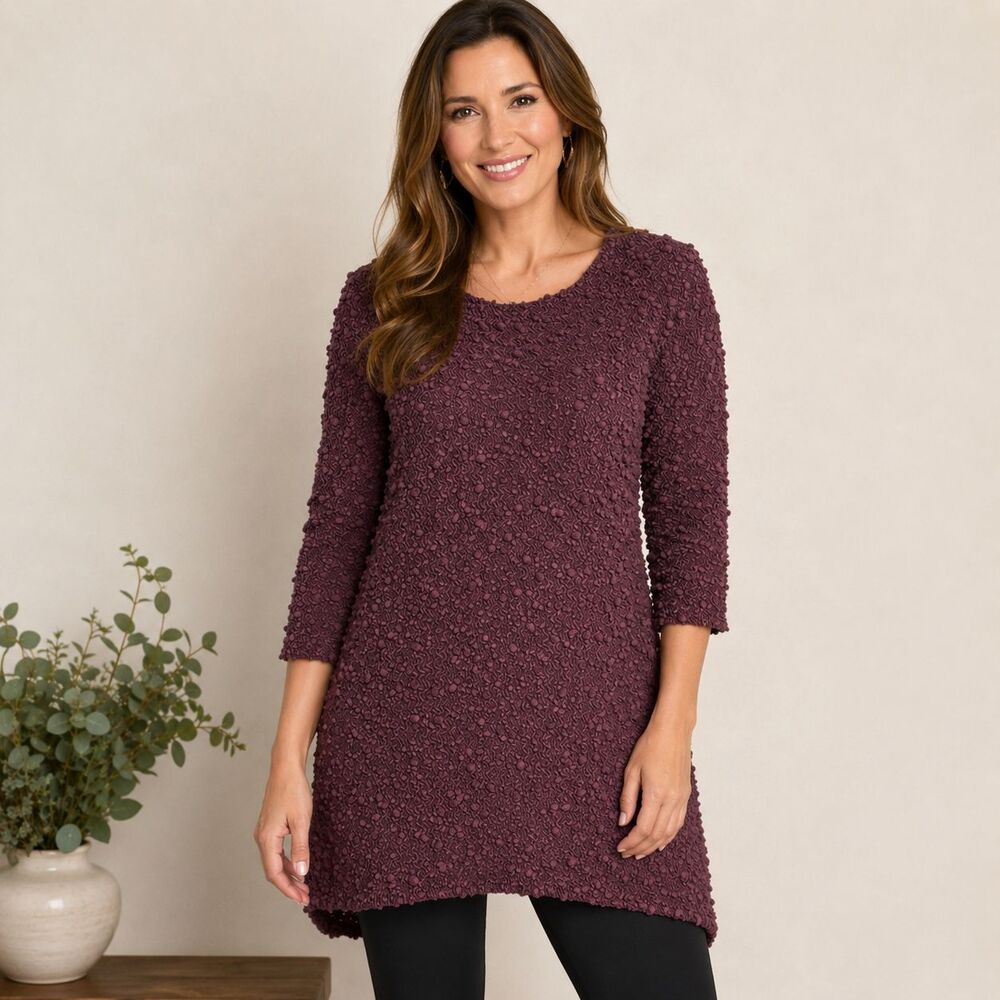 Caroline Rose Plum Nubby Textured Tunic Top Popcorn Knit Stretch Size Small